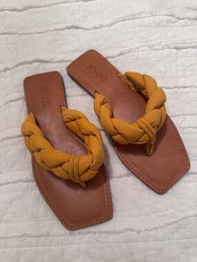 Schutz Cicely Braided Leather Square Toe Flat Sandals in Mary Gold